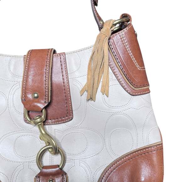 Coach Hamptons Collection Signature Embossed Leather Medium Hobo Bag Brown Cream - Picture 4 of 6